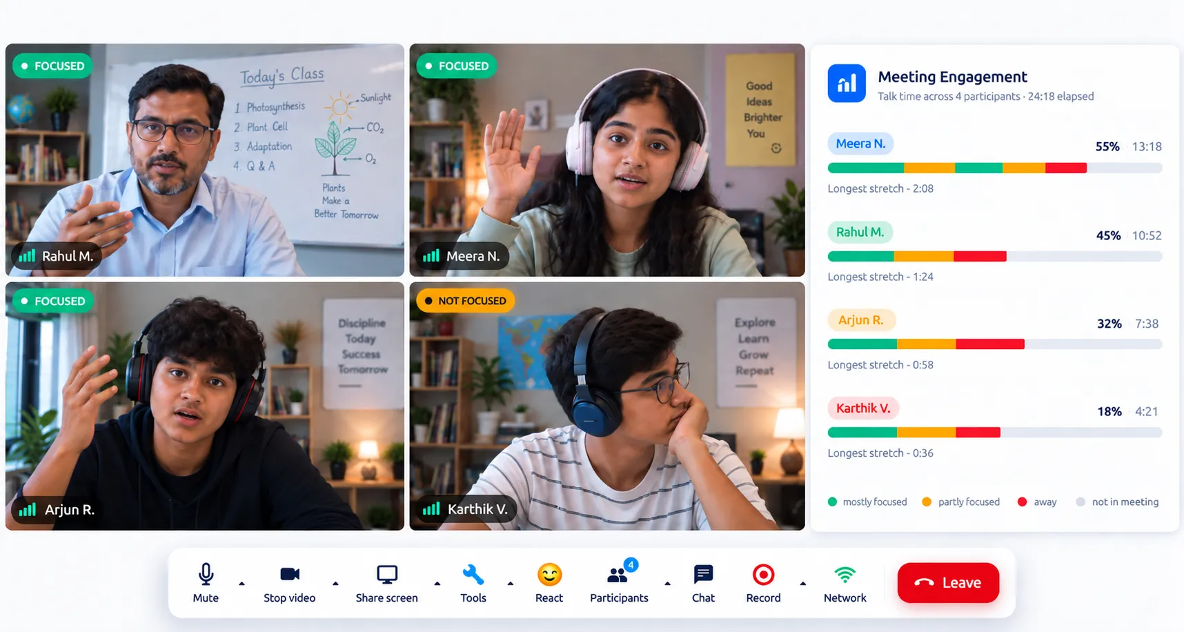 A class in session with focus badges on each tile and a meeting engagement panel showing talk time per participant
