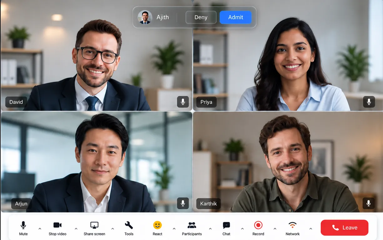 A four-person meeting with name and mic badges on each tile, an admit-or-deny prompt for someone waiting, and the call controls along the bottom